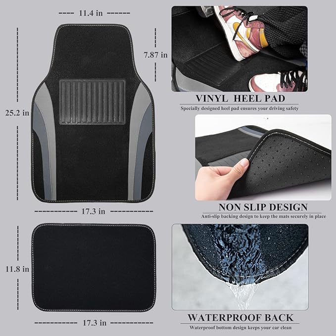 CAR PASS EVA Waterproof Car Seat Covers Full Set with 4Pcs Waterproof Car Floor Mats Universal Fit Airbag Compatible Automotive Interior Covers for Sedans, Trucks,Vans,SUV (Combo Set, Black & Gray)