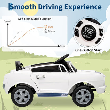 12V Ride on Car Licensed Shelby GT350, Battery Powered Ride On Toy for Toddlers with Remote Control, Electric Car for Kids, Bluetooth, Shock Absorbers, Safety Belt, 3 Speeds, LED Lights, Music, White - AutoBay