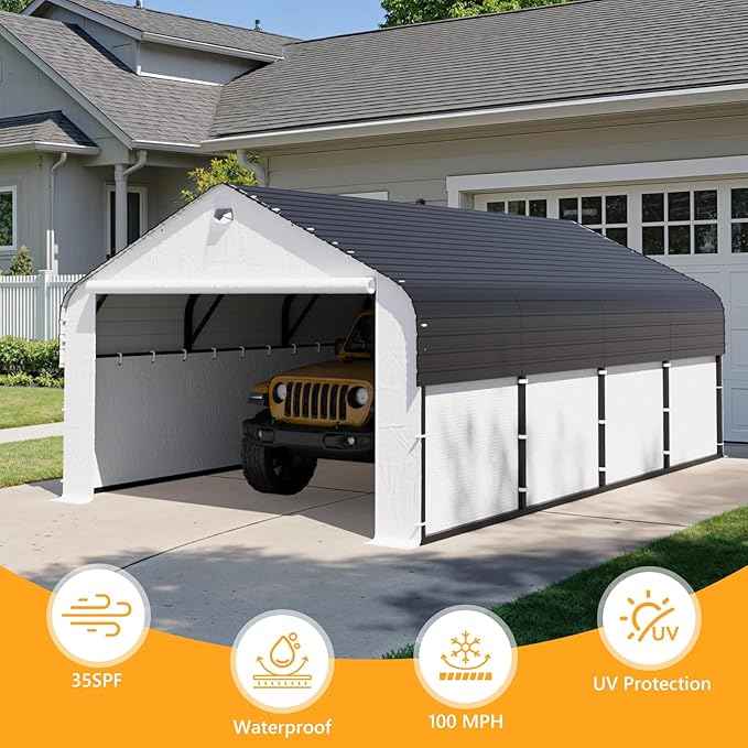 12x20 Metal Carport with Removable Sidewalls, Heavy Duty Car Carport Canopy, 100MPH Wind Resistance for Cars, Boats, Trucks, Outdoor Parties