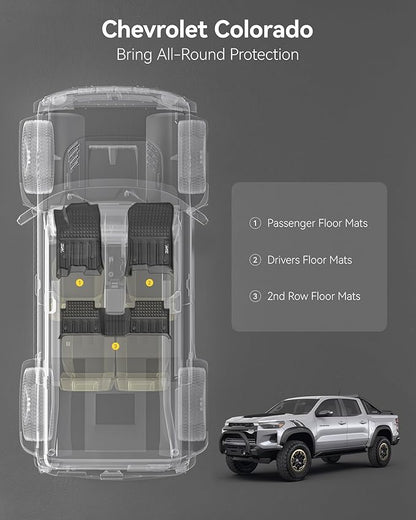 3W Floor Mats for Chevrolet Chevy Colorado/GMC Canyon Crew Cab 2023-2025 2026, All Weather TPE Custom Fit Floor Mats for Cars, 1st and 2nd Row Car Floor Mats, Black