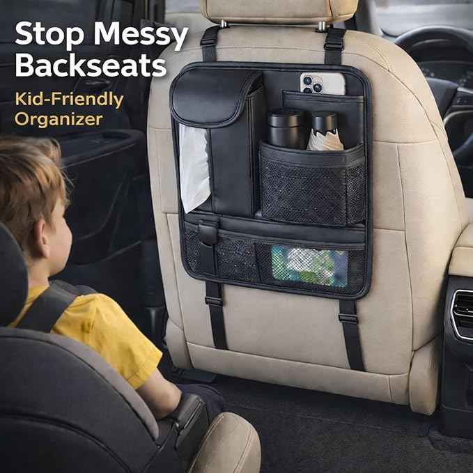 Car Seat Back Organizer with 5 Pockets, Backseat Storage Organizer for Travel, Water-Resistant, Easy Install, Keeps Car Tidy