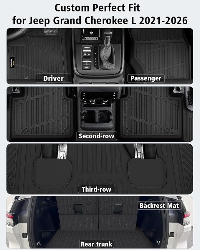 Floor Mats Custom for Grand Cherokee L 2021-2025 2026 Captain Chair(Only for 6-Seater w/o 2nd Row Armrest) TPE All Weather Cargo Liner with Backrest Mat & Door Sill Guards Accessories, Black