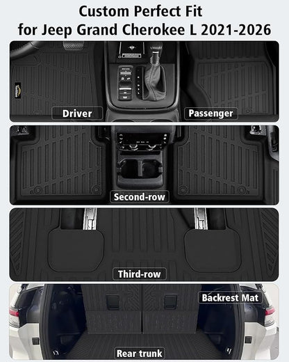 Floor Mats Custom for Grand Cherokee L 2021-2025 2026 Captain Chair(Only for 6-Seater w/o 2nd Row Armrest) TPE All Weather Cargo Liner with Backrest Mat & Door Sill Guards Accessories, Black