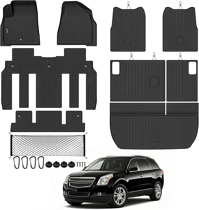 Tongama-Floor Mats for 2009-2017 Chevy Traverse/2008-2017 Buick Enclave 7 Seat with Bucket Seats, All Weather TPE Trunk Mat & 2nd/3rd Row Backrest Mats & Cargo Net for Traverse Floor Liner Accessories