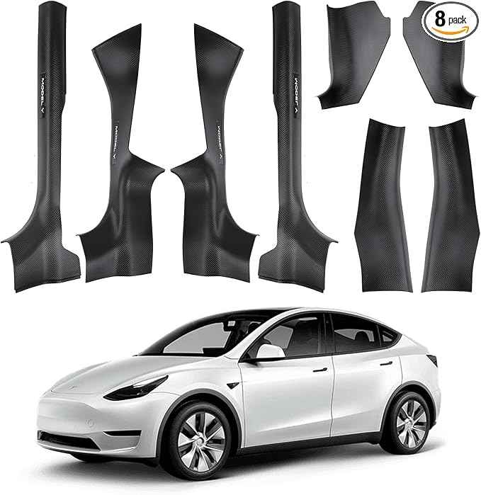 8PCS Door Sill Protector for Tesla Model Y Juniper 2025-2026 - Anti-Kick Carbon Fiber Pattern Entry Guard - Anti-Scuff Waterproof Door Cover - No Drill Installation ABS Hard Interior Kick Pad