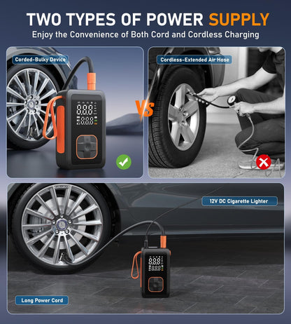 Tire Inflator Portable Air Compressor, 180PSI & 15000mAh Cordless Air Pump for Car Tires with Pressure Gauge, 3X Faster Tire Pump with Cigarette Lighter Plug for Car, Motorcycle, Bicycle, Ball(Black)
