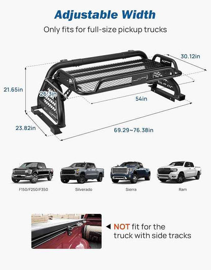 JOYTUTUS Roll Bar with Cargo Basket for Full-Size Truck, Extendable Chase Rack Pickup Sports Bar Compatible with F150, F250, F350, Silverado, Sierra, Ram