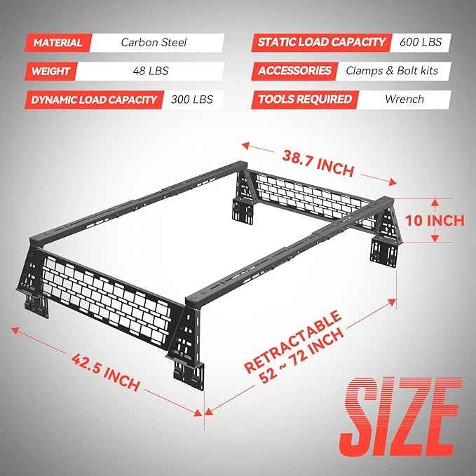 Truck Bed Adjustable Cross Bars, Wide Width Adjustment for All Pickup Trucks, No-Drills Needed Installation (Not for Any Bed Cover), 95033C