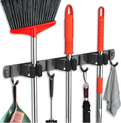 Mop and Broom Holder Wall Mount, Upgraded Broom Hanger Wall Mount, Stainless Steel Broom Organizer for Closet Garage Laundry Room Kitchen Wall Decor(3Racks 4Hooks Black)