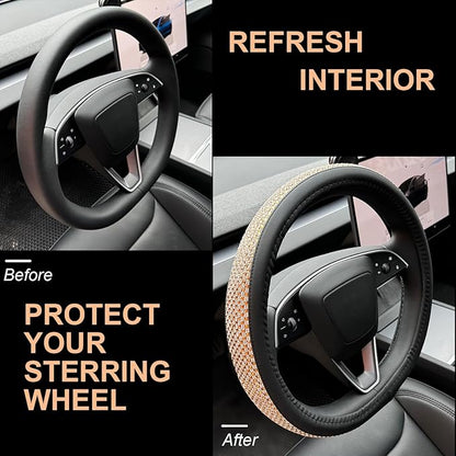 PINCTROT Bling Comfy Steering Wheel Cover for Tesla Model Y/3 Highland/Juniper, D Shaped 14 Inch Small Sized with Jumbo Crystal Rhinestones, Flat Bottom with Anti-Slip Diamond Leather (Gold)