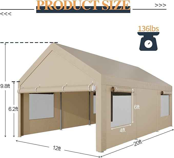 Shintenchi Portable Garage Canopy,12x20 FT Heavy-Duty Design Carport,Carport Canopy with Side-Opening Removable Door & Roll-Up Window,Portable Car Port for Car, Truck, Boat,Khaki