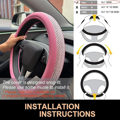PINCTROT Bling Comfy Steering Wheel Cover for Tesla Model Y/3 Highland/Juniper, D Shaped 14 Inch Small Sized with Jumbo Crystal Rhinestones, Flat Bottom with Anti-Slip Diamond Leather (All Pink)