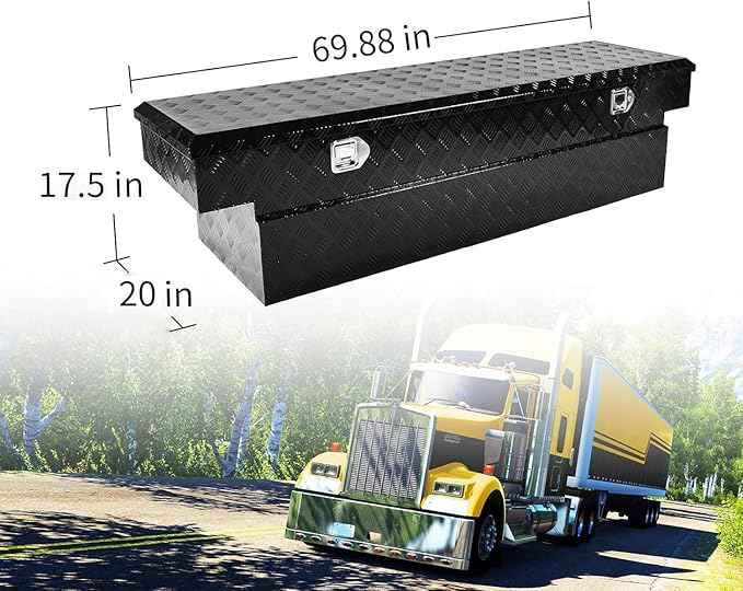 69 Inch Black Heavy Duty Aluminum Tool Box Wide Utility Trailer Stripes Plated 5 Bar Tread for Pick Up Truck Bed RV ATV Organizer Trailer Storage ToolBox w/Lock and Keys (69"X20"X17.5")