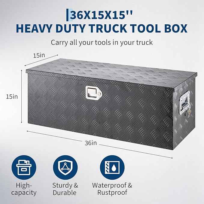 Truck Bed Tool Box Aluminum with Lock and Keys, 36x15x15 Inch, Weatherproof Storage Chest Organizer, Side Handles, Gas Strut Lid, Large Capacity Heavy Duty Steel Metal Tool Box for Pickup, Trailer, RV