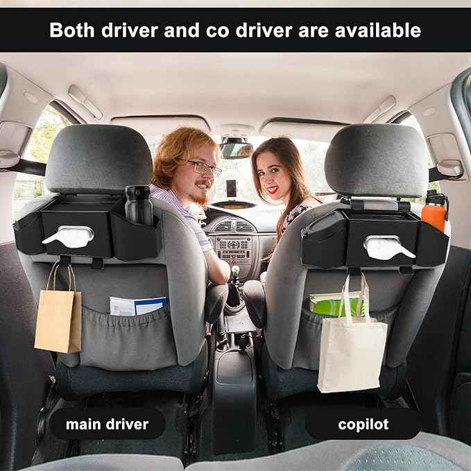 7-In-1 Car Seat Back Organizer with Cup Holders, Tissue Box, Garbage Can&Hooks, Multifunctional Headrest Storage Organizer, Headrest Cup Holder for Backseat, Car Accessories for Trips, Travels(Black)