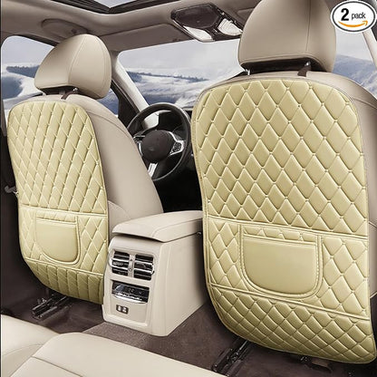 Leatherette Car Seat Protector - 2 Pack Large Car Kick Mats with Storage Pockets Organizer Seat Back Cover Against Dirty Shoes & Scratches, Universal Fit for Most Vehicles, Beige