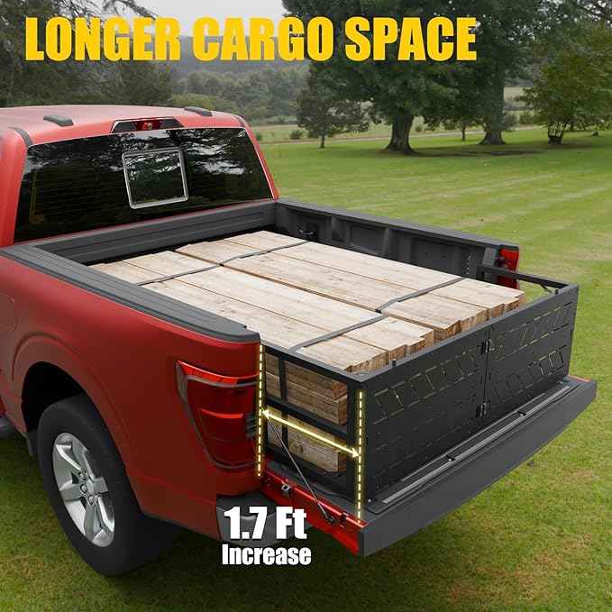 Truck Bed Extender Compatible with 2015-2026 Ford F150 2022-2025 F150 Lightning Flip-Over Pickup Bed Divider Aluminum Alloy Rotatable Tailgate Extension for 2025 F150 Accessories