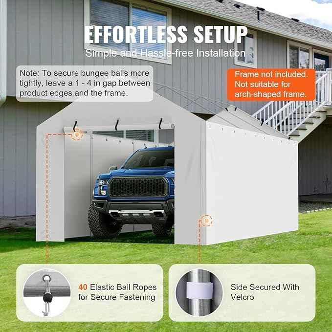 VEVOR Carport Replacement Canopy Cover Side Wall 10 x 20 ft, Garage Tent Shelter Tarp Heavy-Duty Waterproof & UV Protected, Easy Installation with Ball Bungees,White (Top and Frame Not Included)