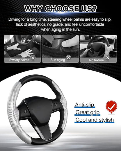 Steering Wheel Cover for Telsa Model 3/Model Y Accessories Carbon Fiber Steering Wheel Cover Protector Anti-Slip, Comfortable Grip, Breathable, Model 3/Y Accessories, Silver