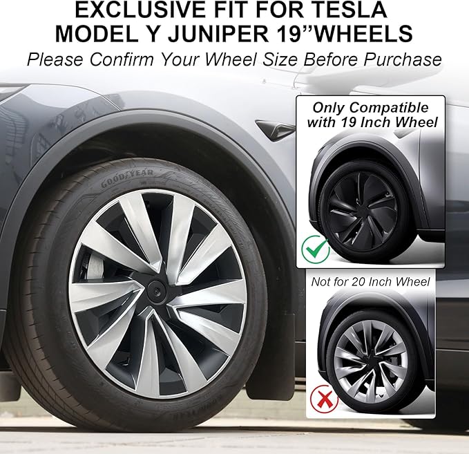 19 Inch Wheel Covers for Tesla Model Y Juniper 2025 2026, 4PCS Spiral Hubcaps Wheel Rim Protectors with Center Caps for Model Y Juniper Accessories, Seamless Fit, Sporty Style, Silver & Black
