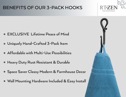 RTZEN Wall Mount Hook Set - Wrought Iron Decorative Rustic Metal Coat Hooks for Hanging - Handcrafted Classic Farmhouse Wall Mounted Black Hooks for Towel Robe or Hat Hanging - 3 Pack
