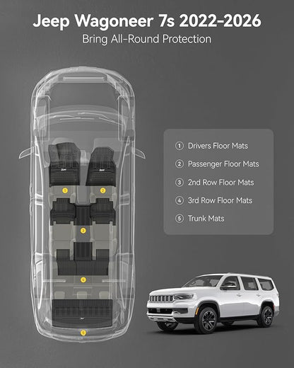 3W Floor Mats & Cargo Liner for Jeep Wagoneer 2022-2026 7-Seat (NOT for 8-Seat/L/S)， with 2nd Row Bench Seat All Weather Protection TPE Full Set Automotive Mat Car Floor Liners Accessories, Black