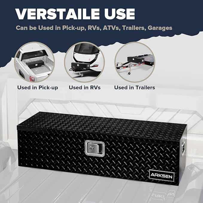ARKSEN 39 x 13 x 10 Inch Diamond Plate Truck Bed Tool Box, Heavy Duty Waterproof Aluminum Toolboxes Storage Chest with Side Handle & Lock for Pickup Truck Bed, RV & Trailer – Black