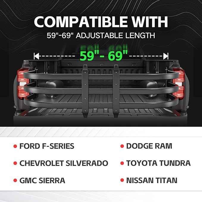 Truck Bed Extender, Aluminum Retractable Tailgate Extender, 59"-69" Adjustable Length, Drill Required, Fits for Chevy Silverado & GMC Sierra, Ford F-Series, Dodge Ram, Tundra, Nissan Titan