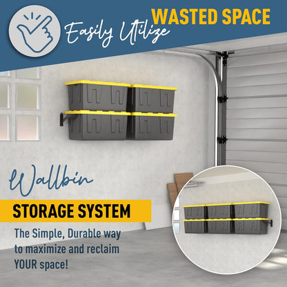 Koova Wall Mounted Tote Rack Storage System, Fits 27-Gallon Black and Yellow Commander Style Bins, Wall Mount Bracket Shelves for Garage Organization, Heavy Duty Steel, Made in USA (2-Piece Set)