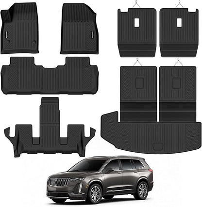 Tongama-Floor Mats for 2020-2026 Cadillac XT6 6 Seats with Bucket Seat, All Weather TPE Floor Liners & 2nd Backrest Mats & Trunk Mat with Backrest Mat for Cadillac XT6 Waterproof Interior Accessories