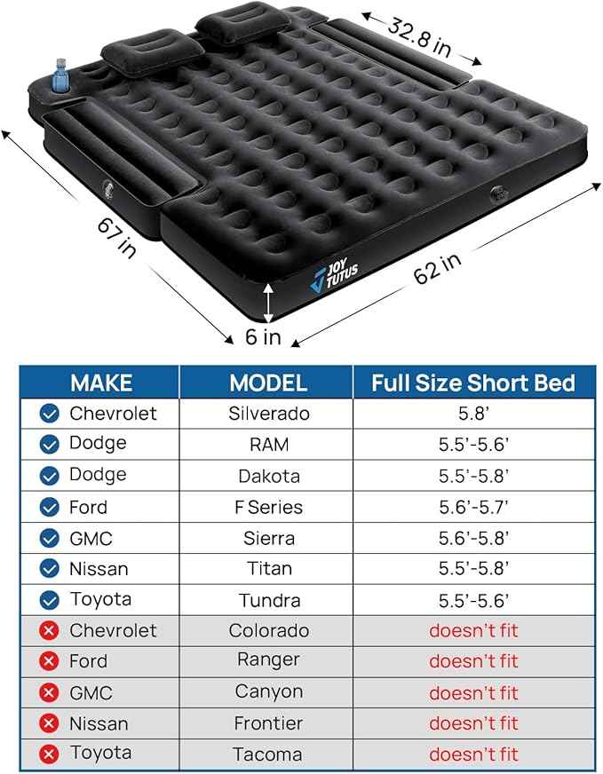 JOYTUTUS Truck Bed Air Mattress for 5.5-5.8Ft,Full Size Short Beds for Pickup Outdoor Camping,Truck Tent Accessories with Carry Bag & Cup Holder & Cavity Design,Black