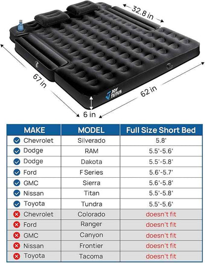 JOYTUTUS Truck Bed Air Mattress for 5.5-5.8Ft,Full Size Short Beds for Pickup Outdoor Camping,Truck Tent Accessories with Carry Bag & Cup Holder & Cavity Design,Black