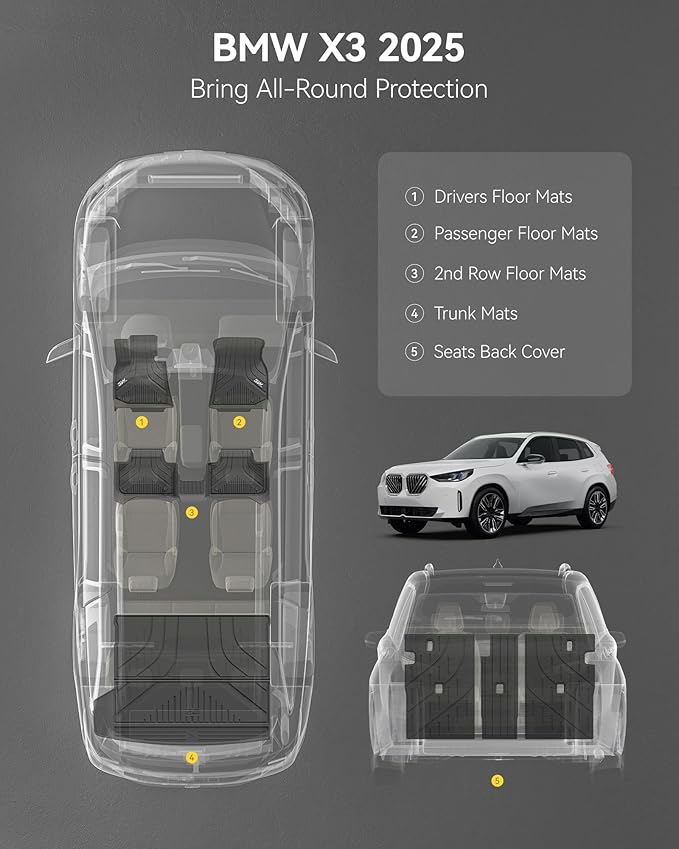 3W Floor Mats & Cargo Liner Fit for 2025 2026 BMW X3 G45, Seatback Protector Mats Cover, Trunk Mat TPE All Weather Custom Car Accessories Full Set BMW X3 30/50M xDrive