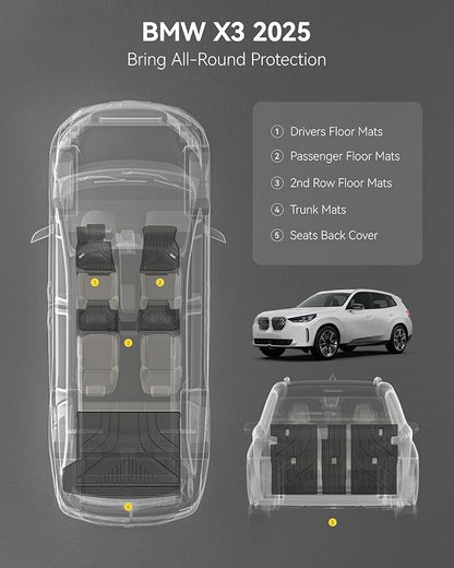 3W Floor Mats & Cargo Liner Fit for 2025 2026 BMW X3 G45, Seatback Protector Mats Cover, Trunk Mat TPE All Weather Custom Car Accessories Full Set BMW X3 30/50M xDrive