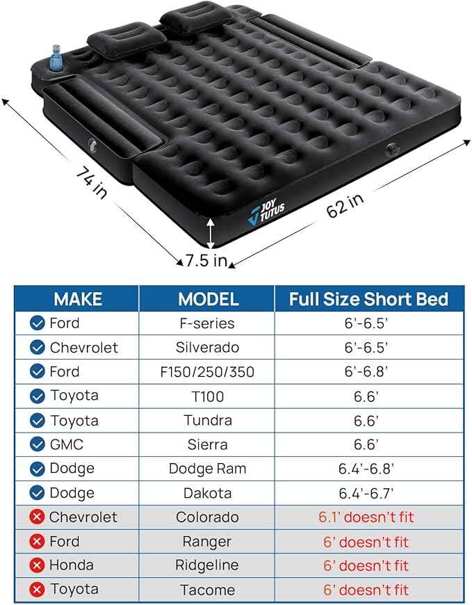 JOYTUTUS 6.4-6.7Ft Truck Bed Air Mattress with Built-in Air Pump, Inflatable Mattress Full Size Regular Beds for Outdoor Camping,with Carry Bag&Cup Holder,Black