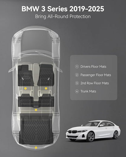 3W Floor Mats & Cargo Liner Custom Fit for 2019-2024 2025 G20 BMW 3 Series 330i Sedan, TPE All Weather Floor Liner for BMW 3 Series G20 1st and 2nd Row Full Set Car Mats (NOT for 330e/GT)