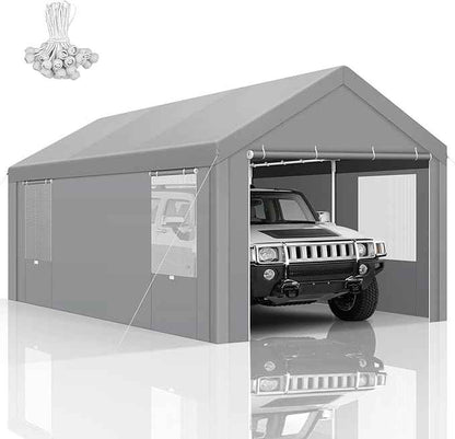 COBIZI 10x20 FT Heavy Duty Carport with Galvanized Frame, Carport Canopy with Roll-up Windows, Storage Tent with Removable Sidewalls & Doors, Built-in Sandbags for Car Boat Truck, Gray