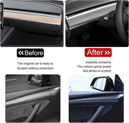 for Tesla Model Y (2019-2024) Model 3 (2021-2023) Dash Wrap Front Door Trim ABS Dashboard Cover Cap Interior Decoration Wrap Kit Compatible Whit Accessories 4Pcs(Matte Carbon Fiber Pattern)