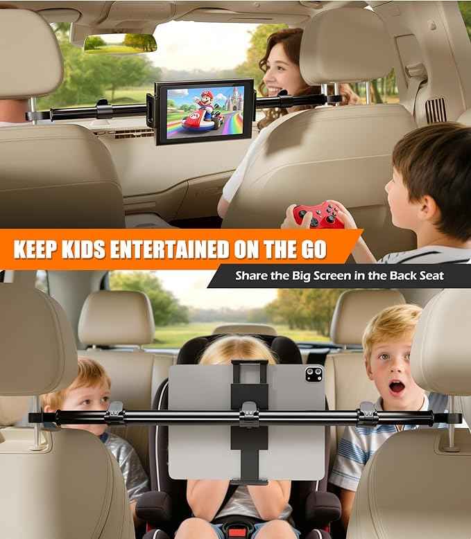 Car Headrest Tablet Holder [Dual-Clamp Stability][360° Adjustable] Back Seat iPad Mount for Kids Road Trip, Compatible with 4.5–16.5" iPad Pro/Air/Mini, Galaxy Tab, Kindle Fire, Switch