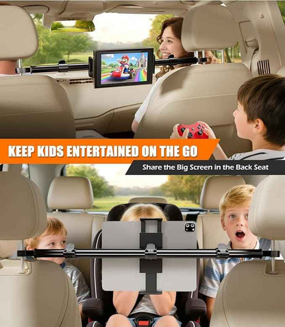 Car Headrest Tablet Holder [Dual-Clamp Stability][360° Adjustable] Back Seat iPad Mount for Kids Road Trip, Compatible with 4.5–16.5" iPad Pro/Air/Mini, Galaxy Tab, Kindle Fire, Switch