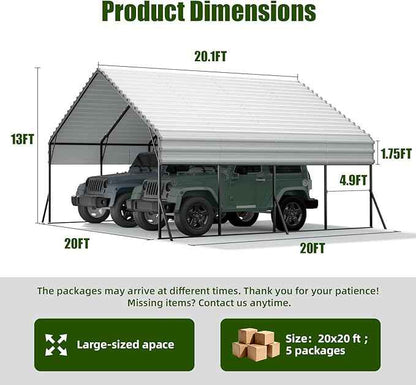 Metal Carport 20x20 ft Heavy Duty Car Port Outdoor Canopy Steel Roof with Reinforced Frame All-Weather Multi-Use Garage Shelter for SUVs, Boat, Tractors and Fulll-Sized Pickup Trucks