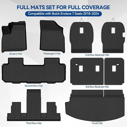 Custom Fit Floor Mats for Buick Enclave 7 Seats/Captain Seat 2018-2024, All Weather TPE Floor Liners with Trunk Mat & Backrest Protectors, Odorless Full Set Interior Accessories