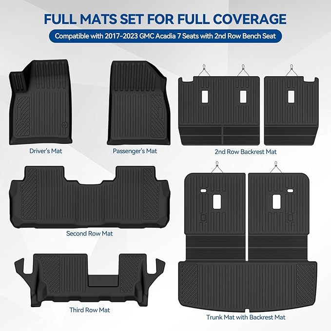 Custom Fit Floor Mats for 2017-2023 GMC Acadia 7 Seats with 2nd Row Bench Seat, All Weather TPE Floor Liners with Trunk Mat & Backrest Protectors, Odorless Full Set Interior Accessories