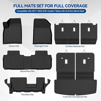 Custom Fit Floor Mats for 2017-2023 GMC Acadia 7 Seats with 2nd Row Bench Seat, All Weather TPE Floor Liners with Trunk Mat & Backrest Protectors, Odorless Full Set Interior Accessories