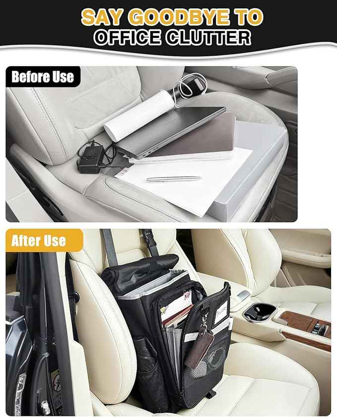 Car Front Seat Organizer with Accordion File Pocket | Laptop Sleeve (Up to 15.6 In) | Privacy Flap | Cup Holders | Adjustable Straps | Holds Tablets, Files, Supplies | for Work on the GO