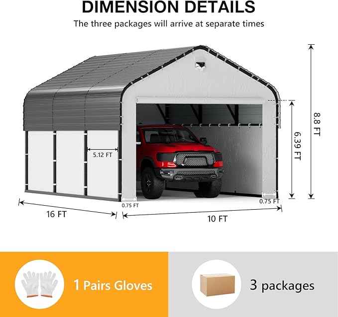 10x16 Metal Carport with Removable Sidewalls, Heavy Duty Car Carport Canopy, 100MPH Wind Resistance for Cars, Boats, Trucks, Outdoor Parties