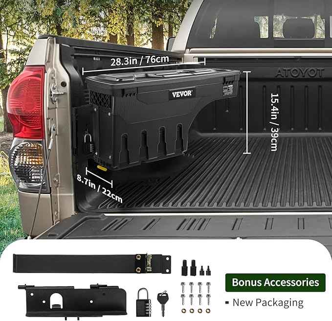 VEVOR Truck Bed Storage Box, Lockable Lid, Waterproof ABS Wheel Well Tool Box 6.6 Gal/20 L with Password Padlock, Compatible with Tundra 2007-2021, Driver Side, Black