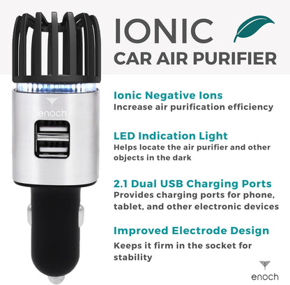 Enoch Car Air Purifier Premium Air Ionizer - 12V Plug-In Ionic Ozone Deodorizer Accessory with Dual USB Car Charger - Eliminates Cigarette Smoke, Pet and Food Odors, Dust (Gray Silver)
