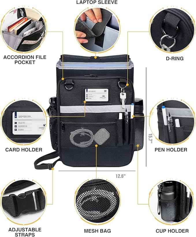 Car Front Seat Organizer with Accordion File Pocket | Laptop Sleeve (Up to 15.6 In) | Privacy Flap | Cup Holders | Adjustable Straps | Holds Tablets, Files, Supplies | for Work on the GO