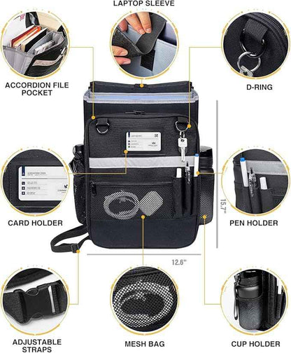 Car Front Seat Organizer with Accordion File Pocket | Laptop Sleeve (Up to 15.6 In) | Privacy Flap | Cup Holders | Adjustable Straps | Holds Tablets, Files, Supplies | for Work on the GO
